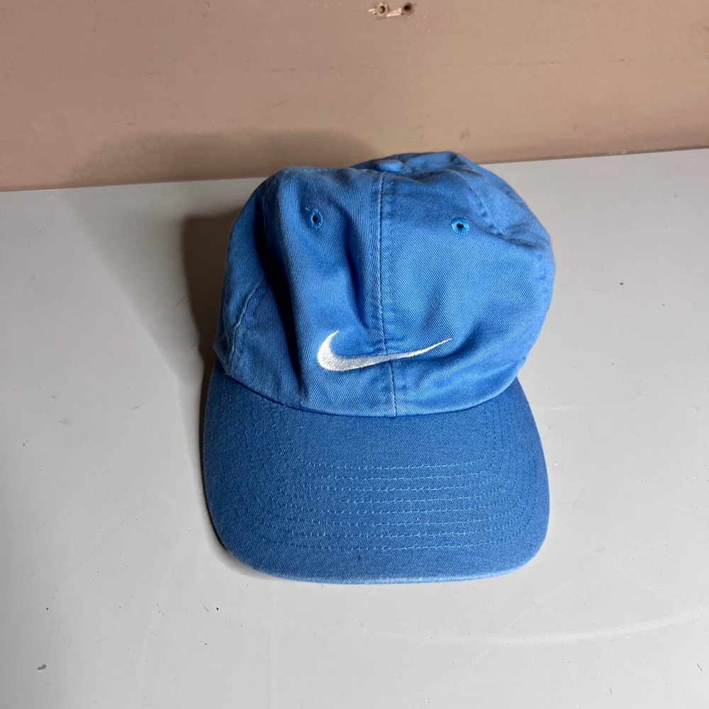 Vintage Nike Swoosh Logo Dad Hat Light Blue Cotton Strapback Cap One Size